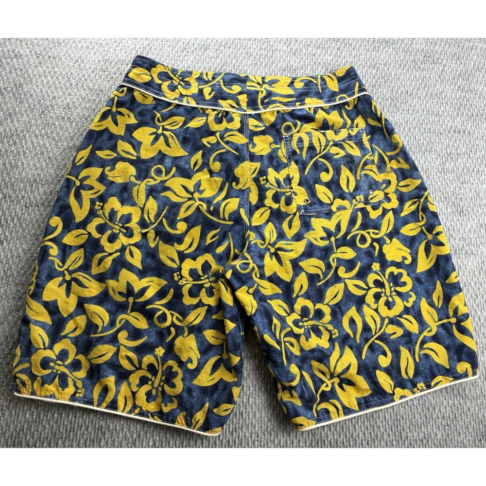 Vintage Op Ocean Pacific Men's 32 Yellow Blue Floral Nylon Surf Board Shorts - Picture 7 of 7